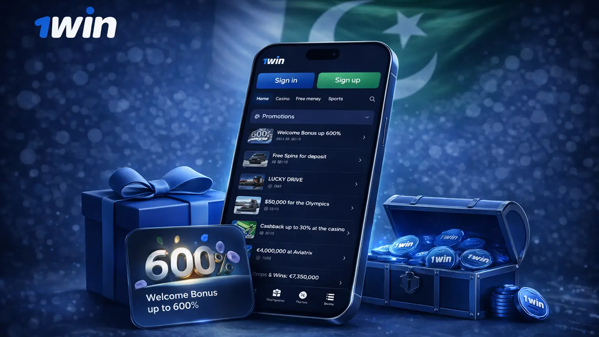 1win Pakistan mobile app bonuses screen showing a welcome bonus up to 600 percent with gift boxes, reward coins, and active promotions for new users