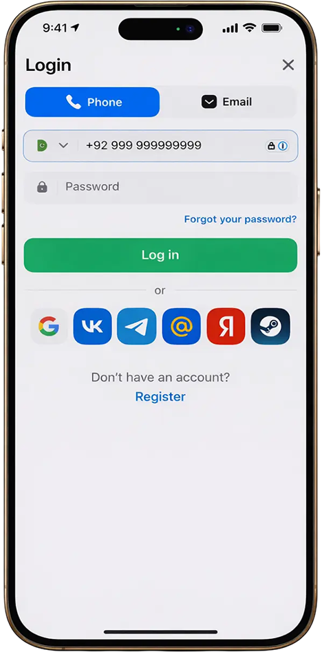 1win Pakistan login screen showing secure sign in via phone number or email with password and social account options on the mobile app