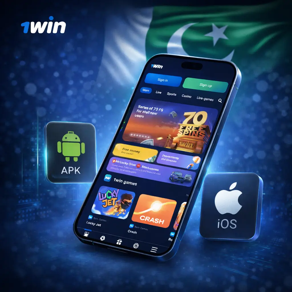 1win mobile app for Pakistan available on Android APK and iOS, allowing users to download the app and access casino games, sports betting, and bonuses