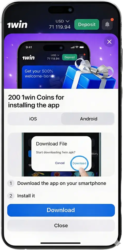 1win Pakistan Android app installation step showing the APK download process with a bonus offer for installing the official mobile casino app