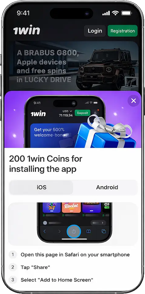1win Pakistan iOS app installation step demonstrating how to open the website in Safari and tap the Share button to add the app to the home screen