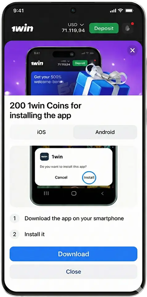 Third step of installing the 1win Pakistan Android app, confirming the app installation to access online casino games, sports betting, and bonuses