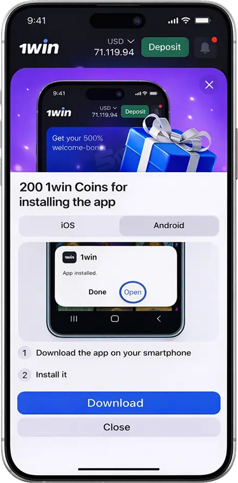 Final step of installing the 1win Pakistan Android app, confirming the app installation to access online casino games, sports betting, and bonuses