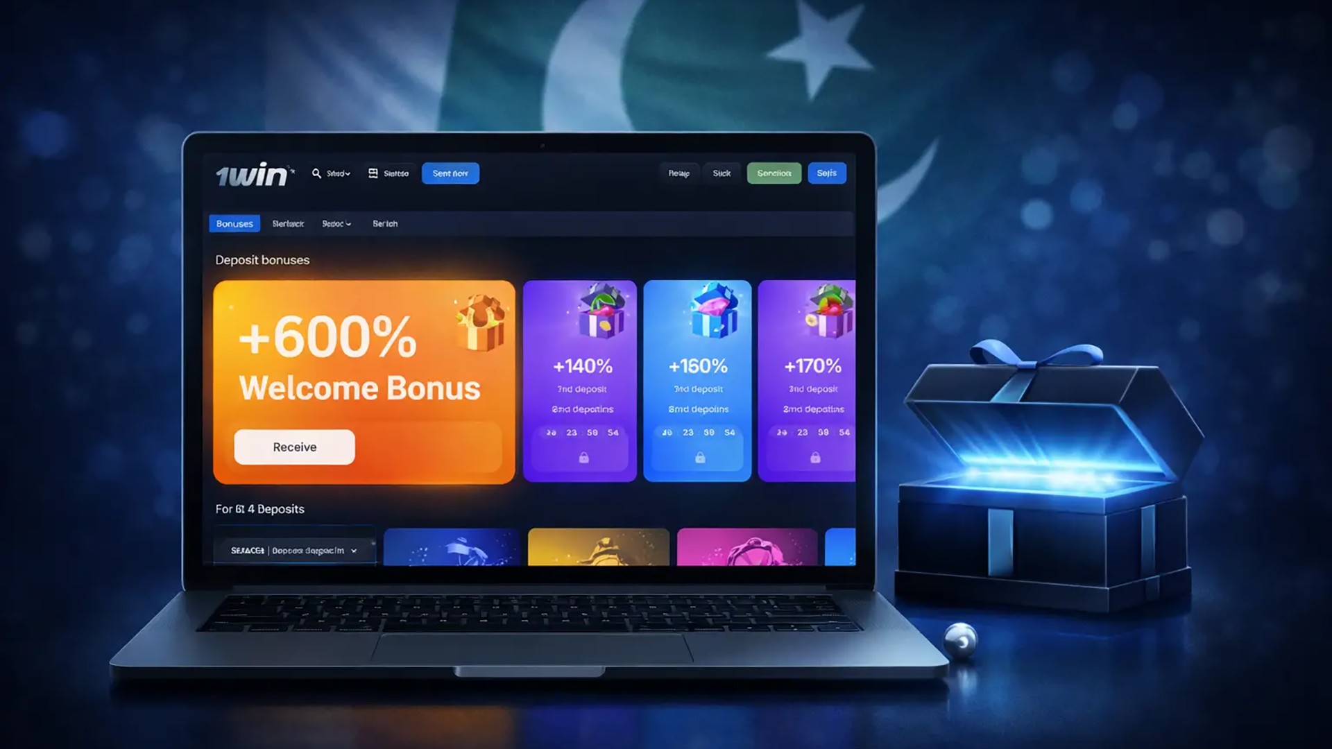 1win Pakistan welcome bonuses displayed on the official website, featuring a deposit bonus up to 600 percent and additional rewards for new players