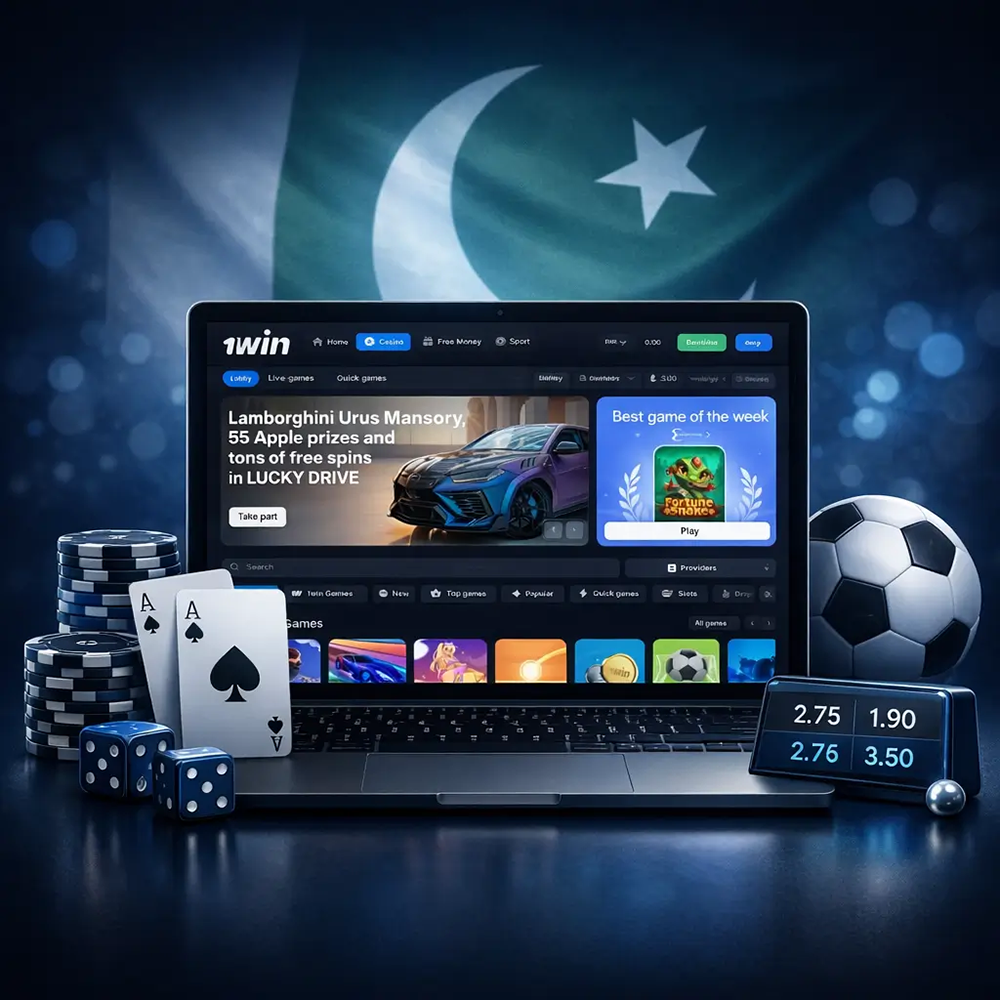 1win Pakistan official online casino and sports betting platform shown on a laptop with casino games, live betting odds, and premium features