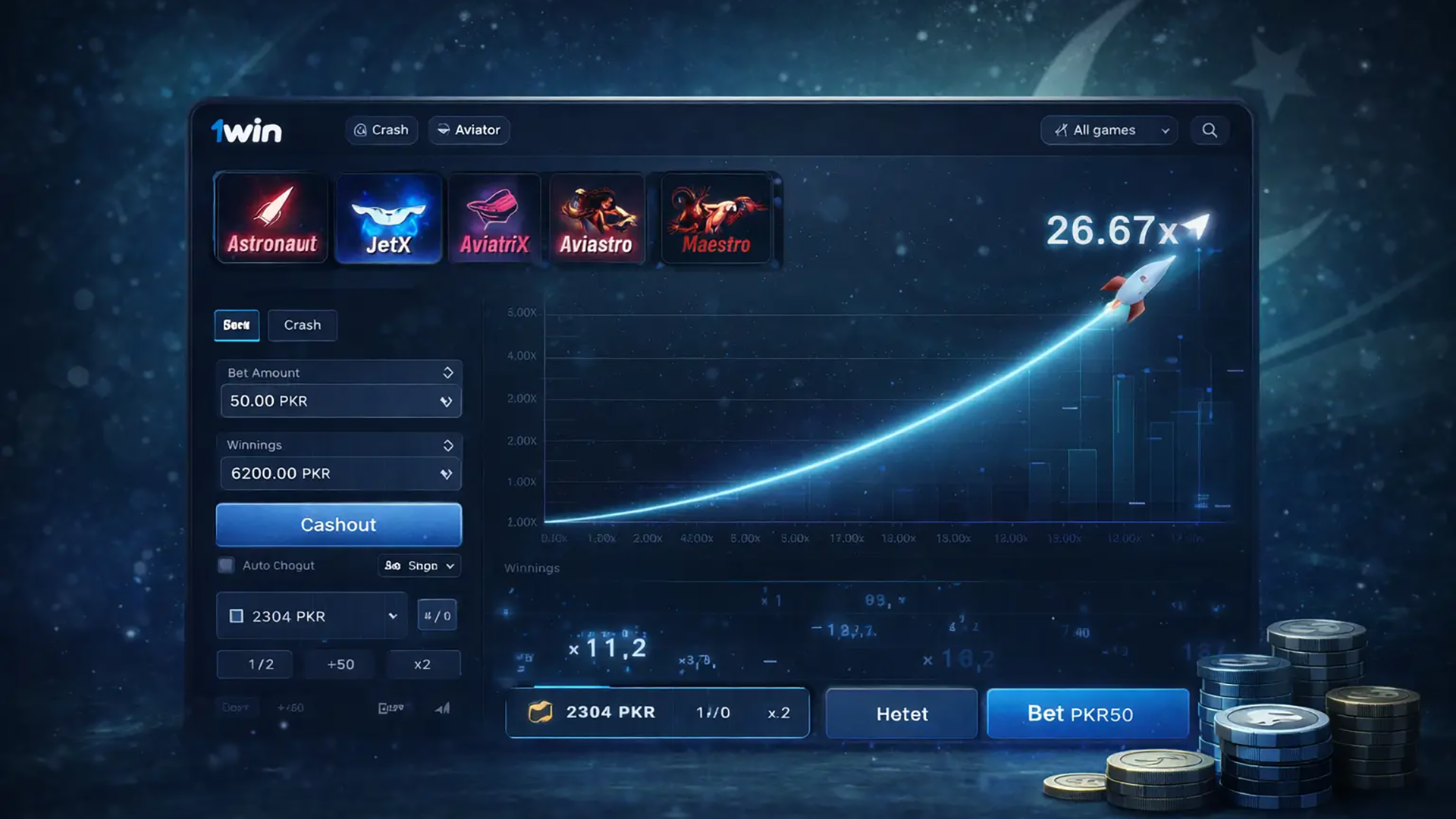 1win Pakistan crash games interface showing real time multipliers, instant betting options, and fast paced gameplay on the official platform