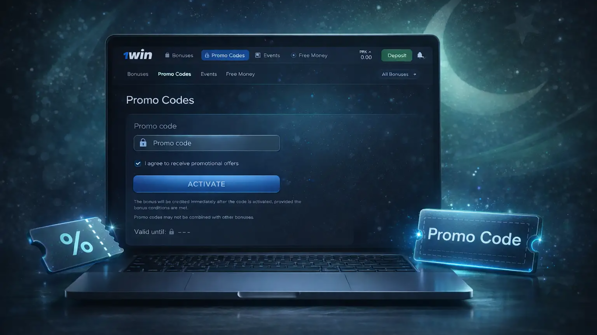1win Pakistan promo code activation screen allowing players to enter a bonus code and unlock special offers on the official site