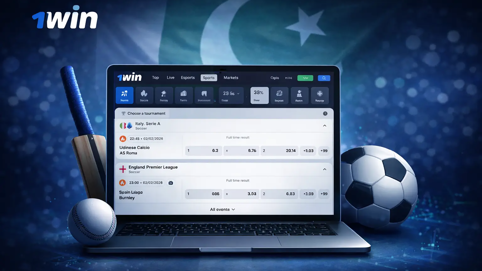 1win Pakistan sports betting platform displayed on a laptop with football and cricket markets, offering live odds and online betting for Pakistani players