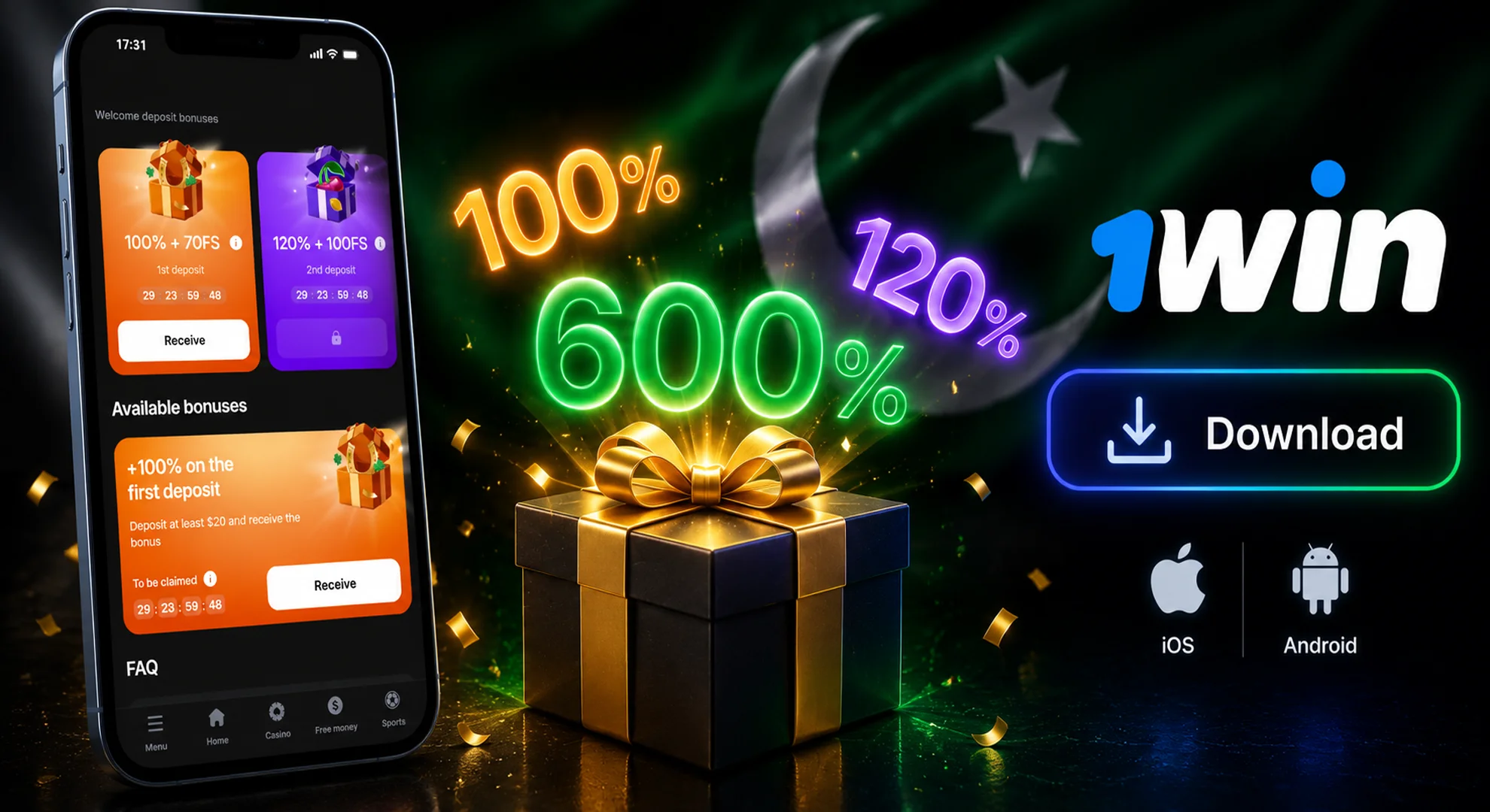 Use the bonuses in the 1win app.